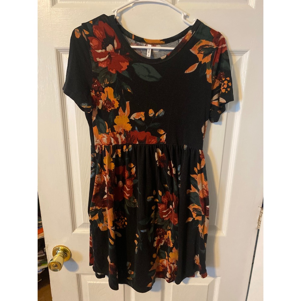 Longyuan Womens Black Floral Empire Waist Pocket T-Shirt Dress Medium